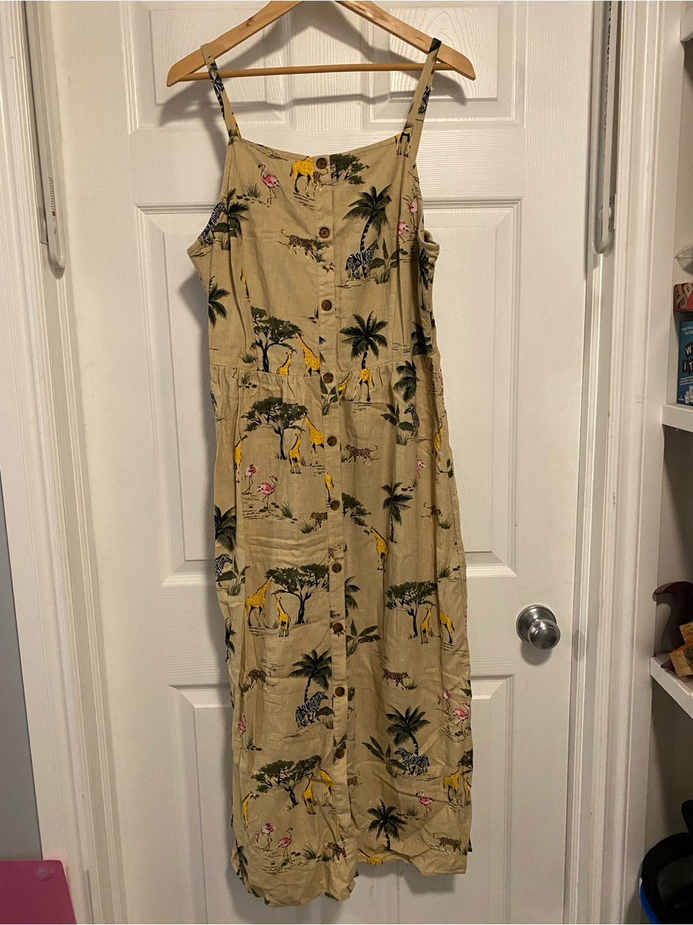 Old Navy Beige Tropical Button-Front Midi Dress with Animal Print